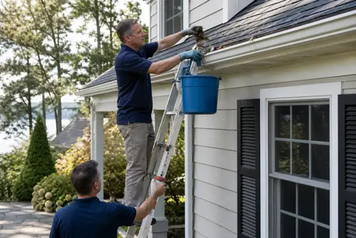 Professional removing seasonal debris from residential gutters