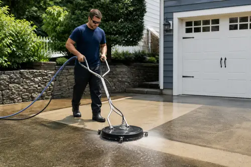Pressure washing professional cleaning a residential driveway with a surface cleaner