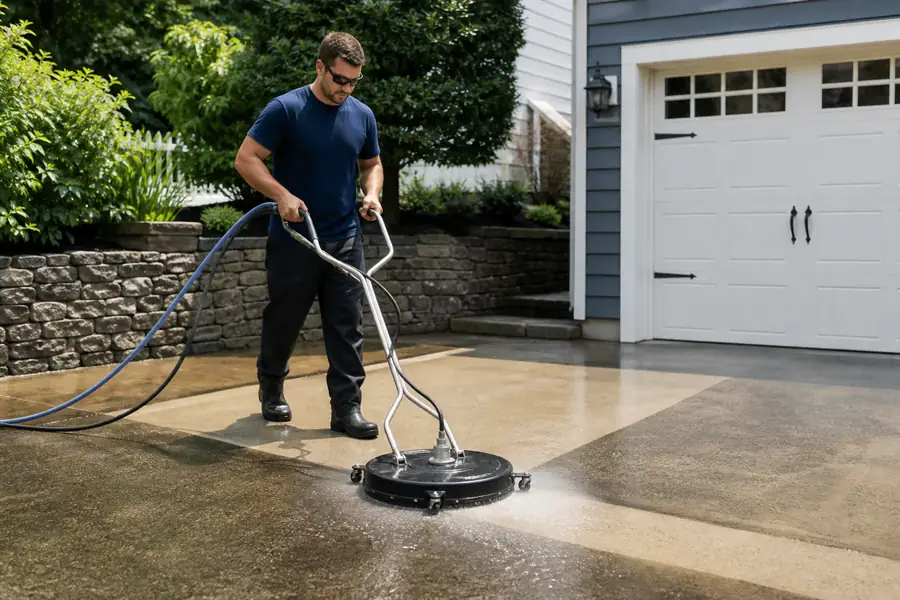 Exterior cleaning professional preparing pressure-washing equipment beside a home