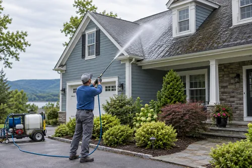 Exterior cleaning professional applying a low-pressure soft-wash treatment to residential roof shingles