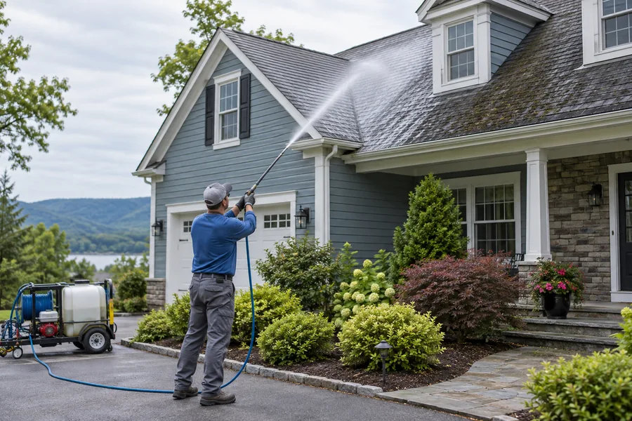 Professional low-pressure roof washing on a residential asphalt-shingle roof